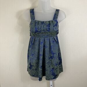 Vintage Y2K Roxette Babydoll Tank Jacquard Paisley Blue Green Tie Back Size 7